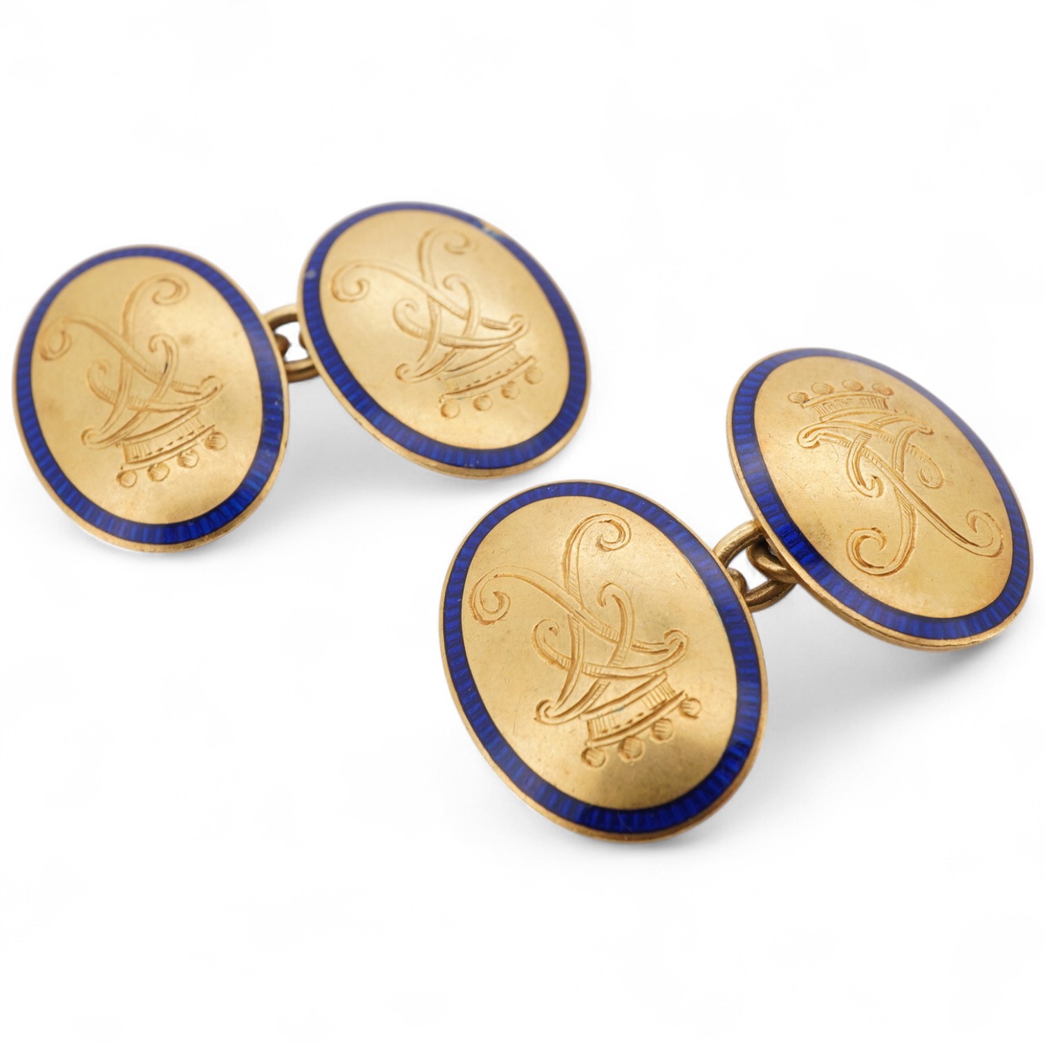A pair of Edwardian gold and blue enamel chain link cufflinks, stamped 18ct, engraved with interlaced and surmounted by a Barons coronet, combined gross weight approximately 9.5 grams